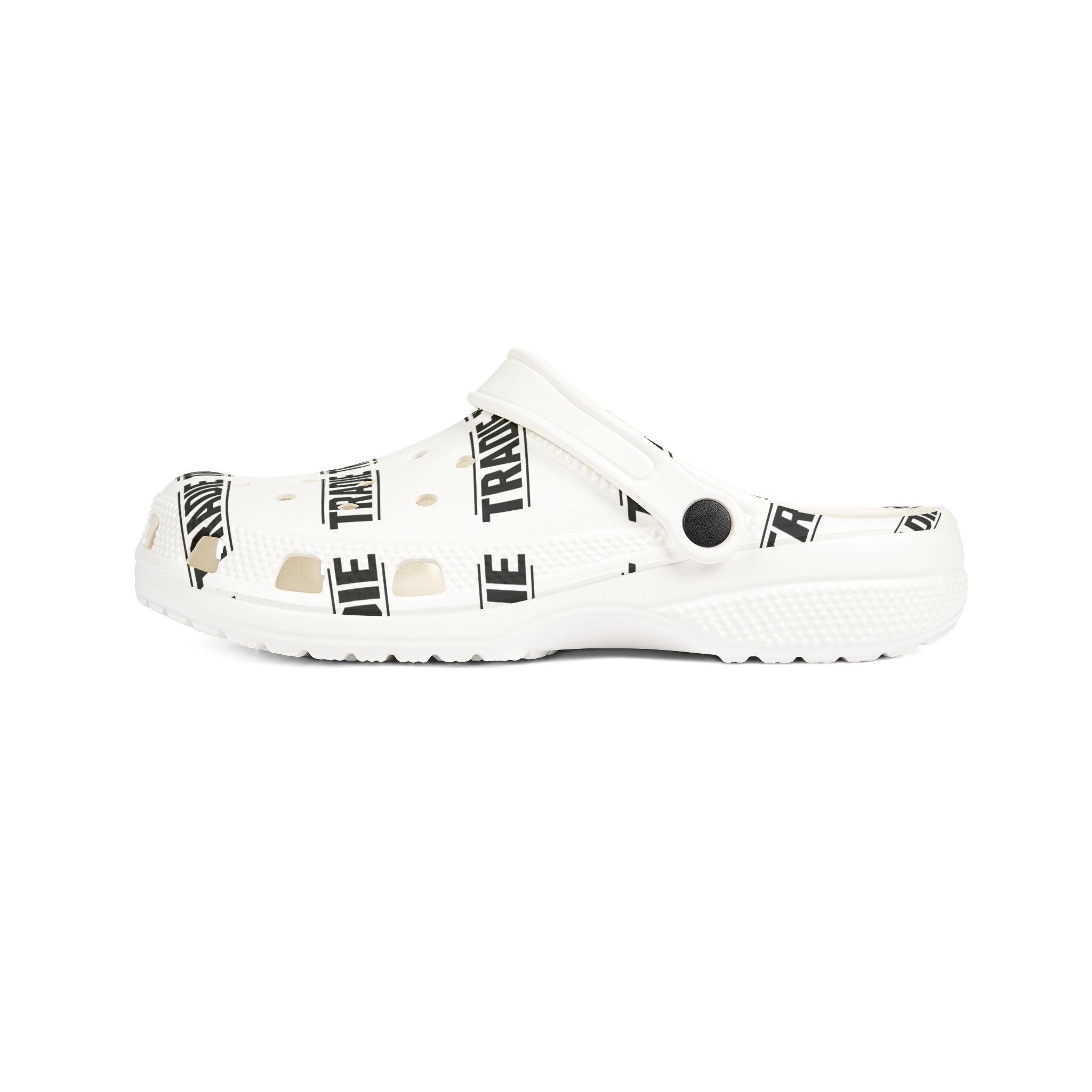 White EVA Foam Clogs with 'TRADIE' Repeat Print — Lightweight Slip-On Comfort