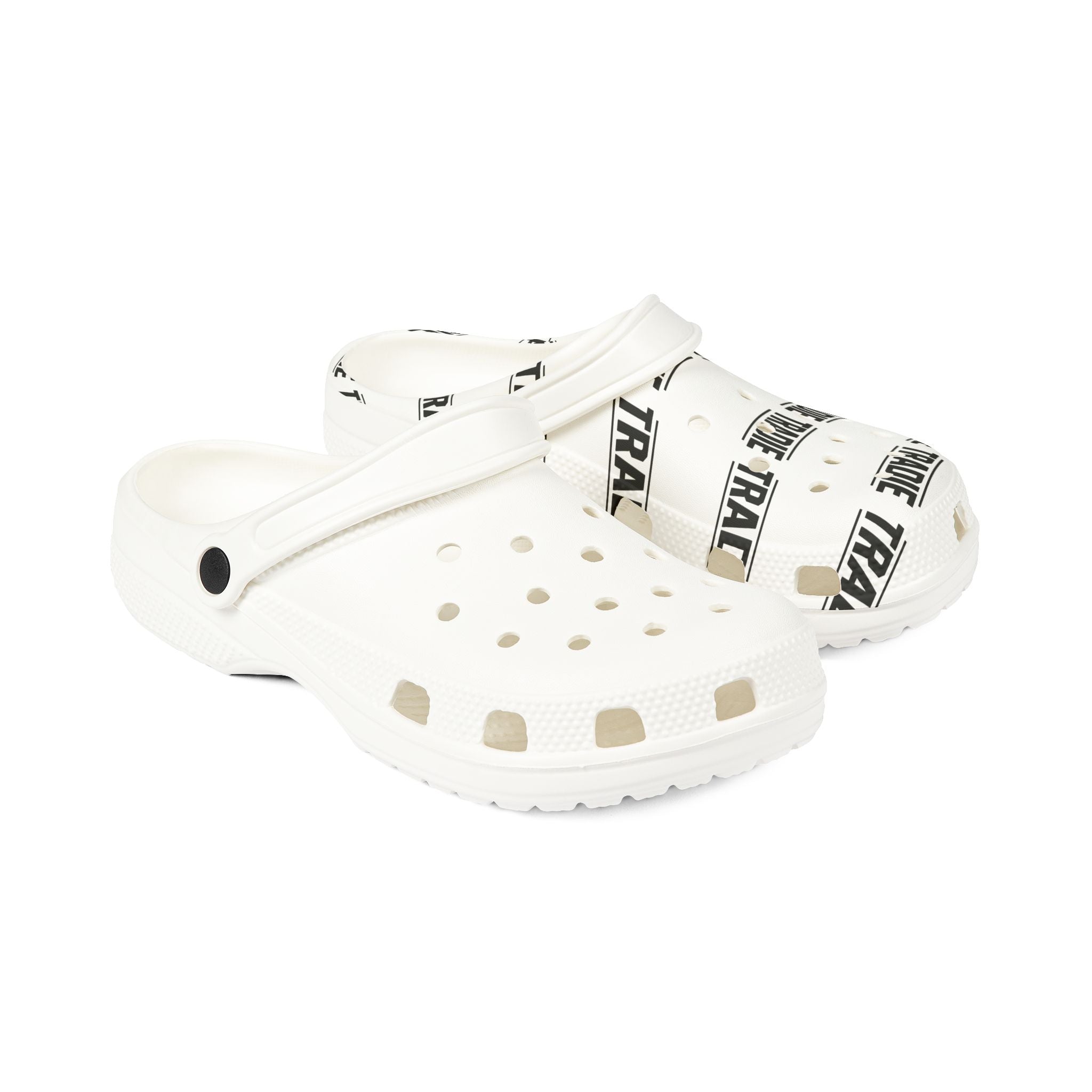White EVA Foam Clogs with 'TRADIE' Repeat Print — Lightweight Slip-On Comfort