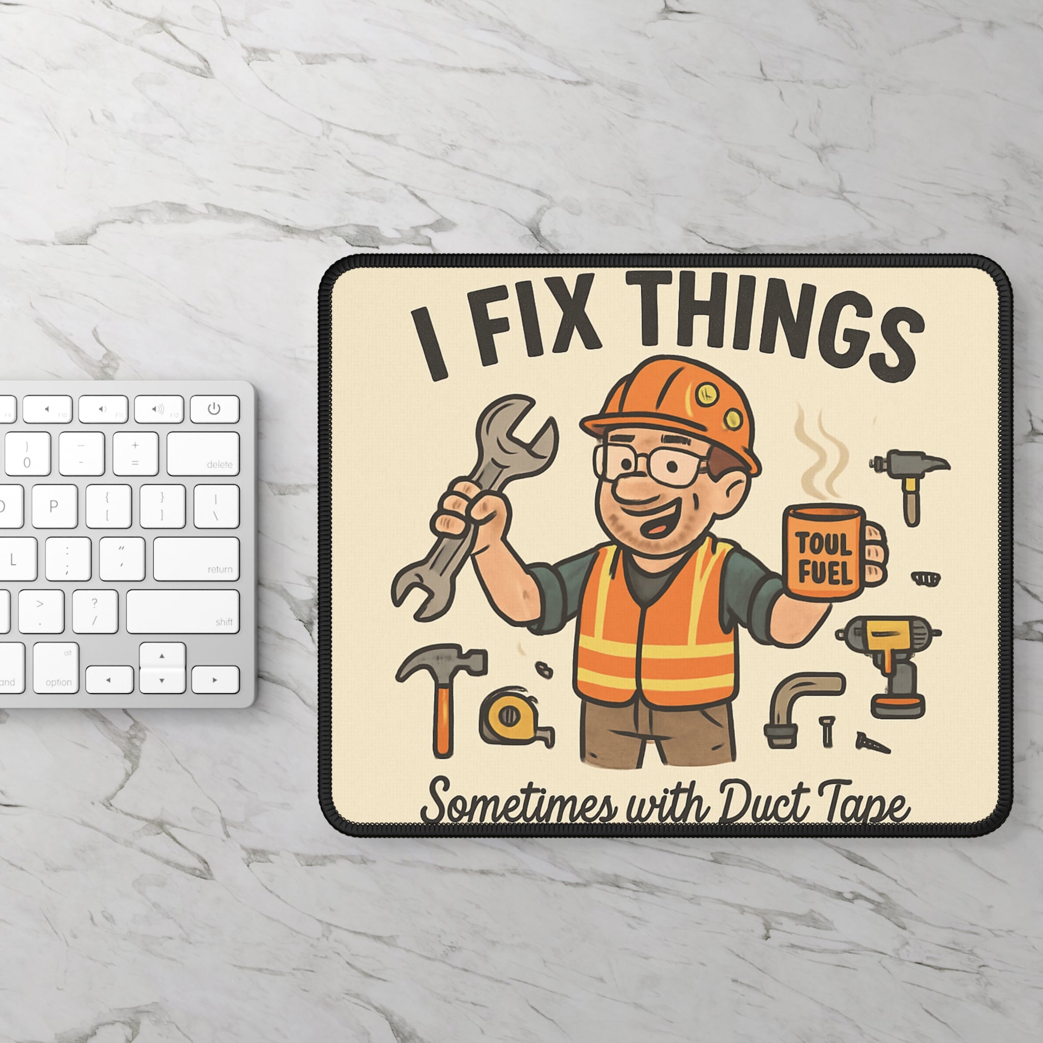 I Fix Things Gaming Mouse Pad — Funny Handyman Design 'Sometimes with Duct Tape'