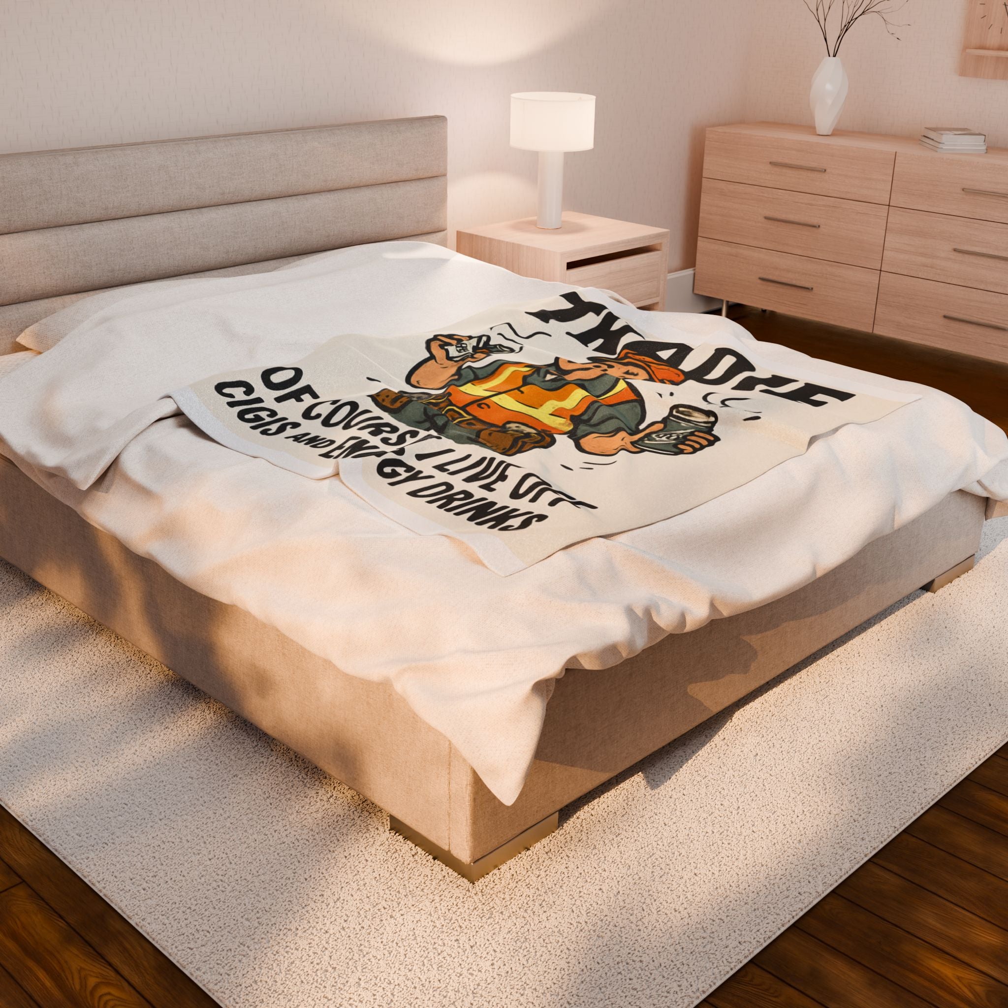 Tradie Plush Blanket — "Of Course I Live Off Cigs and Energy Drinks" Cozy Velveteen Throw for Tradesmen