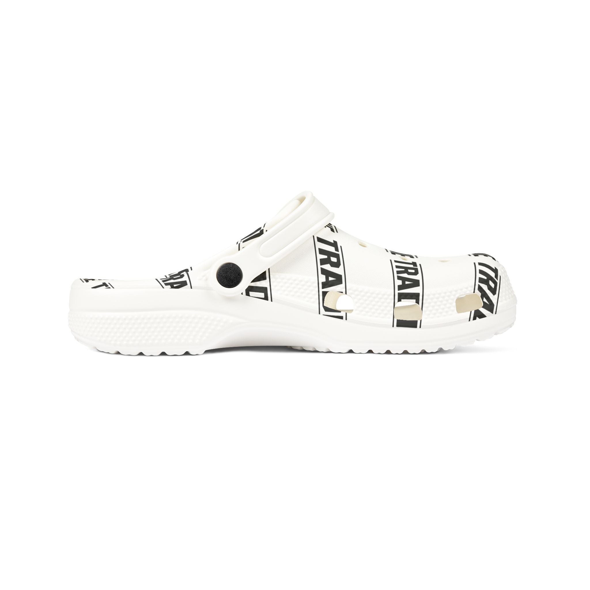 White EVA Foam Clogs with 'TRADIE' Repeat Print — Lightweight Slip-On Comfort