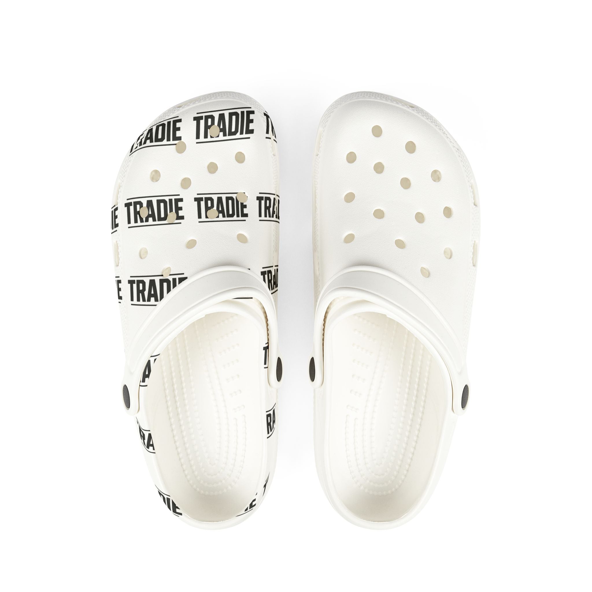 White EVA Foam Clogs with 'TRADIE' Repeat Print — Lightweight Slip-On Comfort